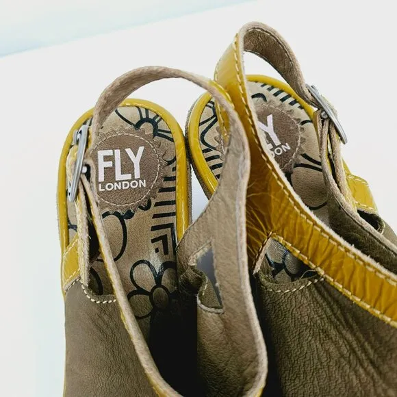 Fly London Pyle Wedges Pumps 36 5.5 Brown Suede Patent Mustard Peep Toe Buckles