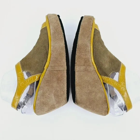 Fly London Pyle Wedges Pumps 36 5.5 Brown Suede Patent Mustard Peep Toe Buckles