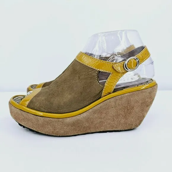 Fly London Pyle Wedges Pumps 36 5.5 Brown Suede Patent Mustard Peep Toe Buckles