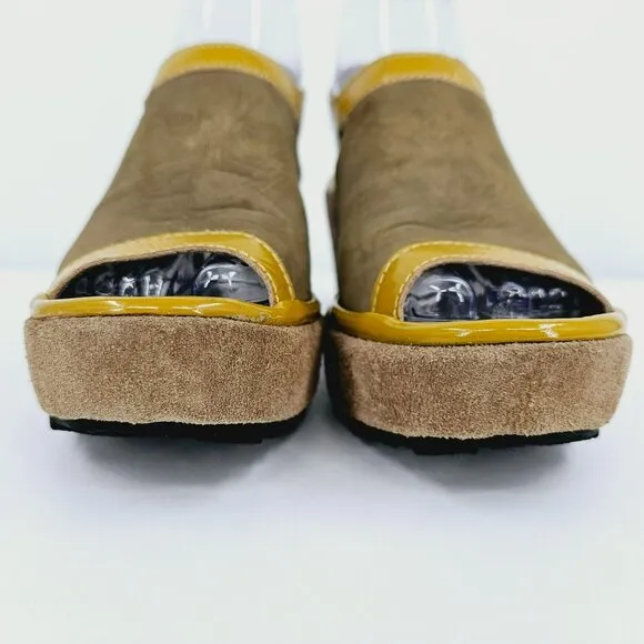 Fly London Pyle Wedges Pumps 36 5.5 Brown Suede Patent Mustard Peep Toe Buckles