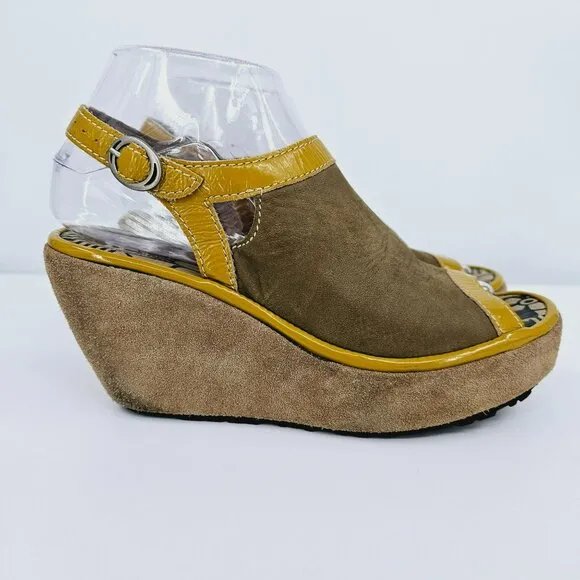 Fly London Pyle Wedges Pumps 36 5.5 Brown Suede Patent Mustard Peep Toe Buckles