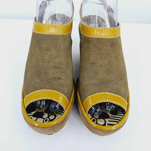 Fly London Pyle Wedges Pumps 36 5.5 Brown Suede Patent Mustard Peep Toe Buckles