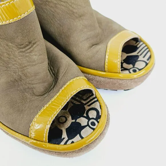 Fly London Pyle Wedges Pumps 36 5.5 Brown Suede Patent Mustard Peep Toe Buckles