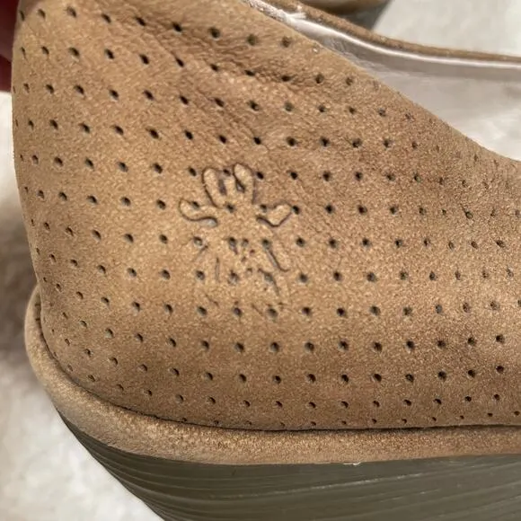 Fly London Suede Perforated Wedges Peep Toe Brown 40 9 / 9.5
