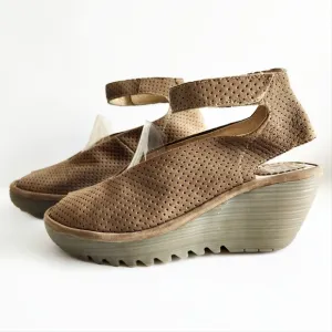 Fly London Yala Leather Peep Toe Platform Wedges With Ankle Strap, Size 37 / 6.5
