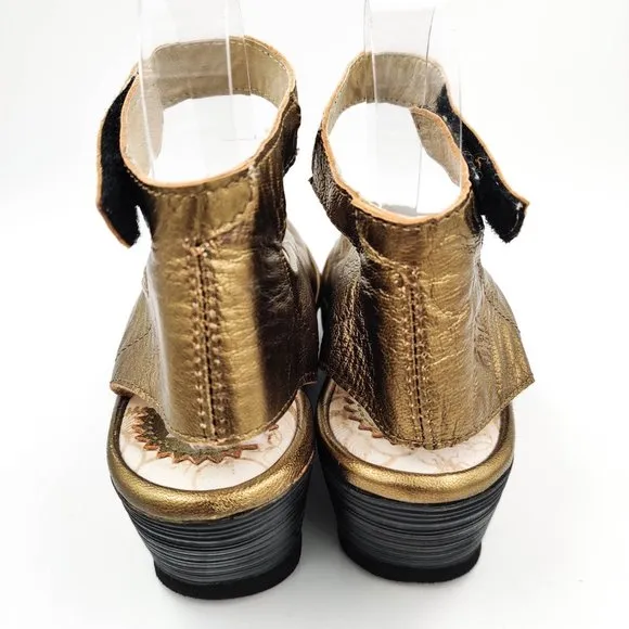 Fly London Yala Peep Toe Wedge Sandals in Gold Bronze Metallic 37 6.5 7