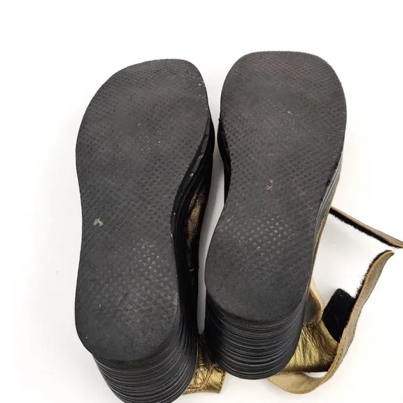 Fly London Yala Peep Toe Wedge Sandals in Gold Bronze Metallic 37 6.5 7