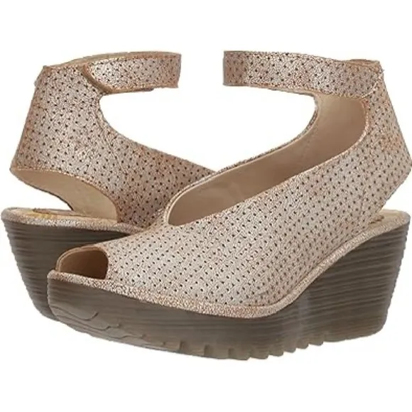 FLY LONDON YALA PERFORATED LEATHER SHOES WEDGES SANDALS SZ 38 / 7.5 - 8