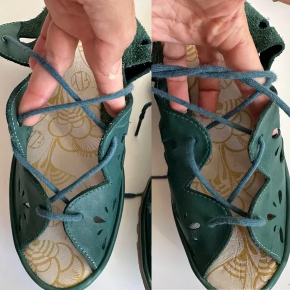 FLY LONDON YOTE Teal Leather Lace Up Cut Out Peep Toe Wedges Sandals