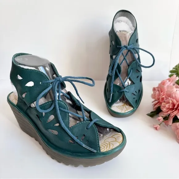 FLY LONDON YOTE Teal Leather Lace Up Cut Out Peep Toe Wedges Sandals