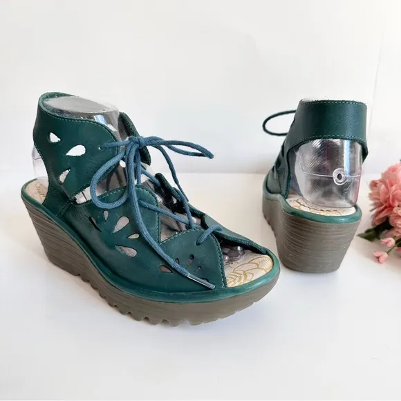 FLY LONDON YOTE Teal Leather Lace Up Cut Out Peep Toe Wedges Sandals