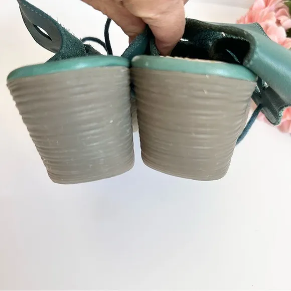 FLY LONDON YOTE Teal Leather Lace Up Cut Out Peep Toe Wedges Sandals