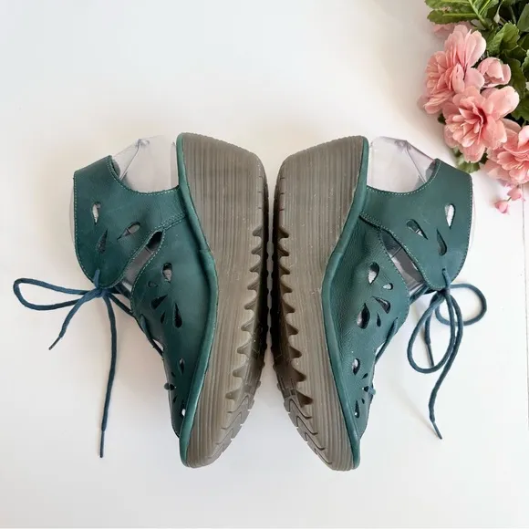 FLY LONDON YOTE Teal Leather Lace Up Cut Out Peep Toe Wedges Sandals