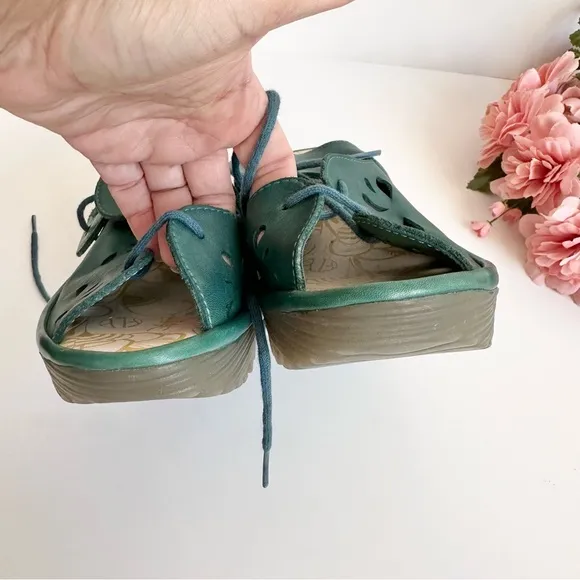 FLY LONDON YOTE Teal Leather Lace Up Cut Out Peep Toe Wedges Sandals