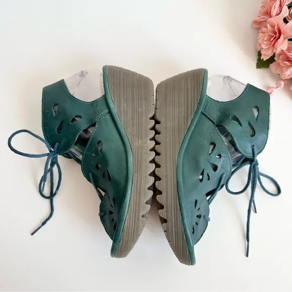 FLY LONDON YOTE Teal Leather Lace Up Cut Out Peep Toe Wedges Sandals