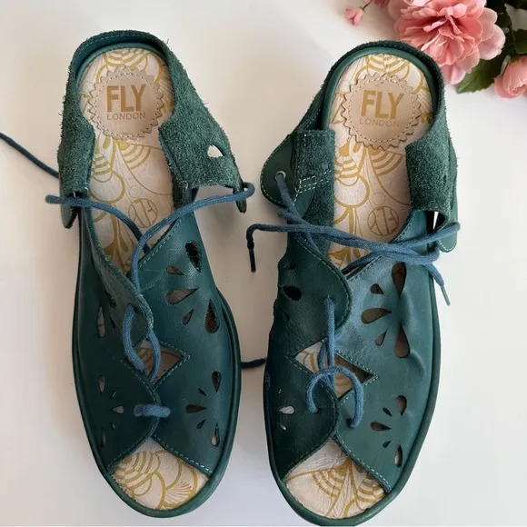 FLY LONDON YOTE Teal Leather Lace Up Cut Out Peep Toe Wedges Sandals
