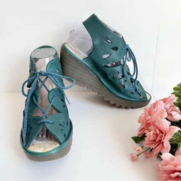 FLY LONDON YOTE Teal Leather Lace Up Cut Out Peep Toe Wedges Sandals