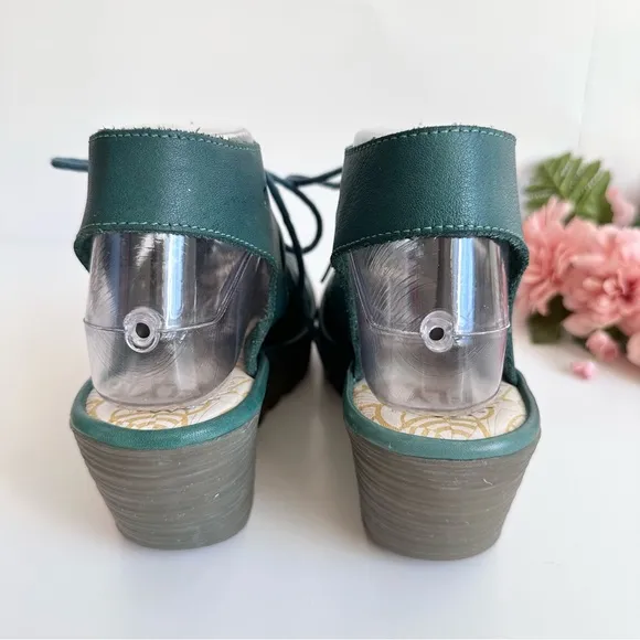 FLY LONDON YOTE Teal Leather Lace Up Cut Out Peep Toe Wedges Sandals