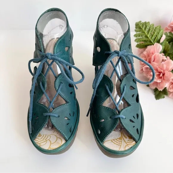 FLY LONDON YOTE Teal Leather Lace Up Cut Out Peep Toe Wedges Sandals
