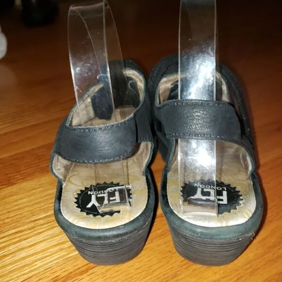 Fly London Yuta Platform Wedges Sandal Black Leather Women’s Size 41 US 10-10.5