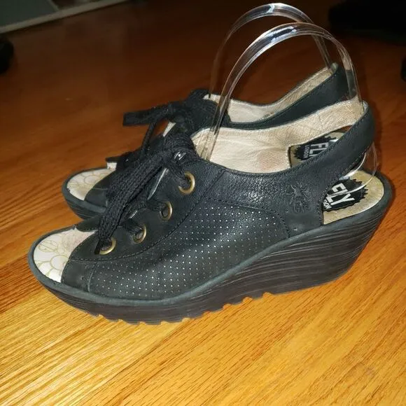 Fly London Yuta Platform Wedges Sandal Black Leather Women’s Size 41 US 10-10.5