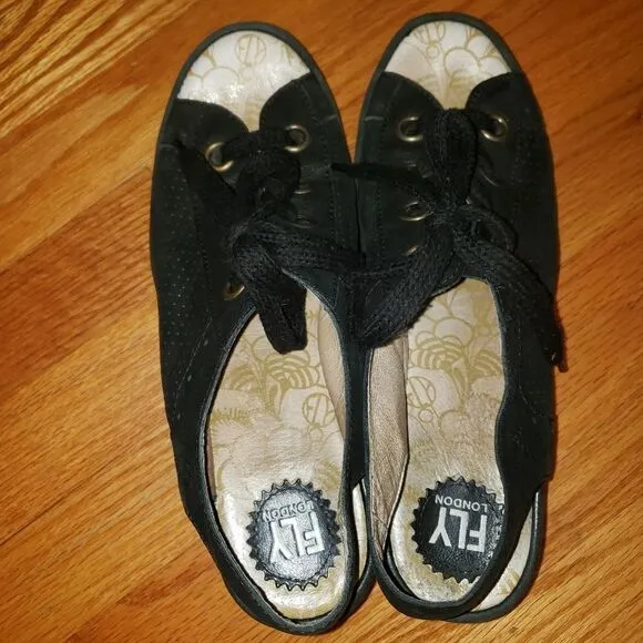 Fly London Yuta Platform Wedges Sandal Black Leather Women’s Size 41 US 10-10.5