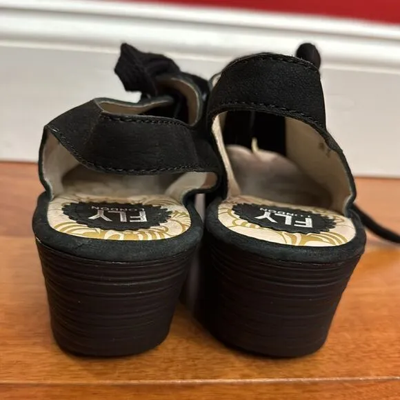 Fly London Yuta Platform Wedges Sandal Black Leather Women’s Size 39