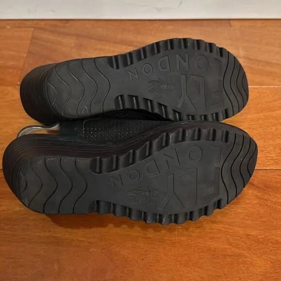 Fly London Yuta Platform Wedges Sandal Black Leather Women’s Size 39