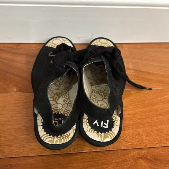 Fly London Yuta Platform Wedges Sandal Black Leather Women’s Size 39