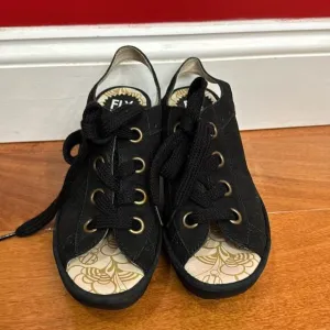 Fly London Yuta Platform Wedges Sandal Black Leather Women’s Size 39