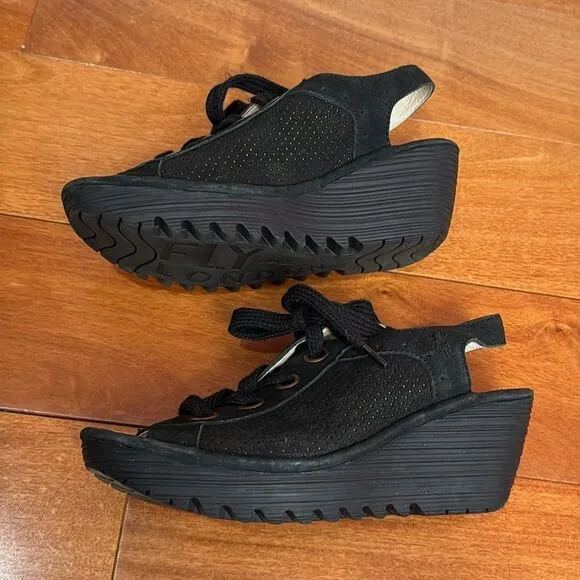 Fly London Yuta Platform Wedges Sandal Black Leather Women’s Size 39