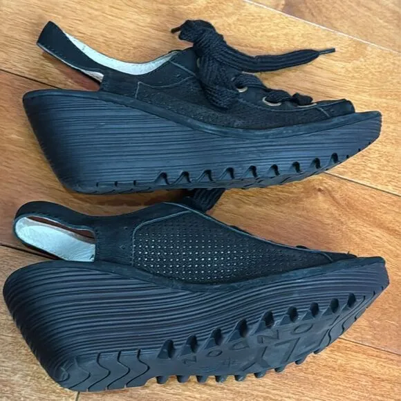 Fly London Yuta Platform Wedges Sandal Black Leather Women’s Size 39