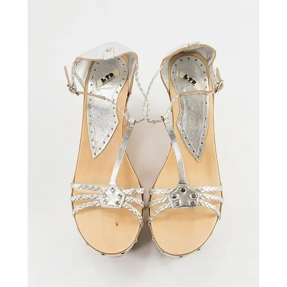 Fornarina Silver Italian Leather Wooden Wedges 39