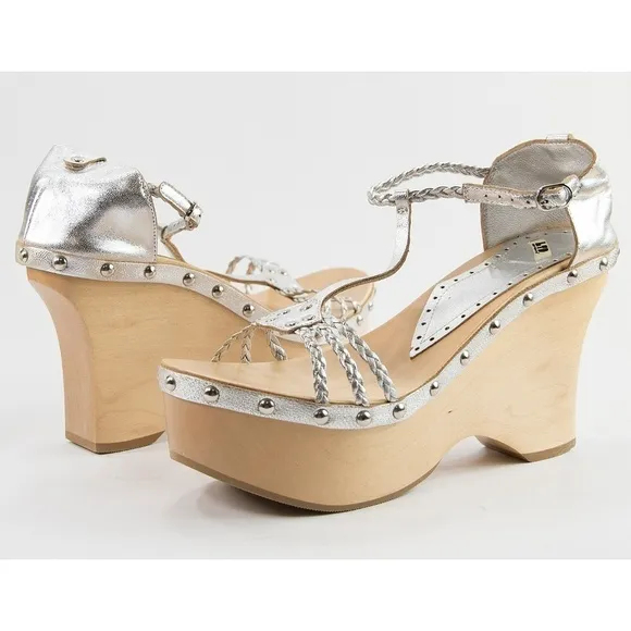 Fornarina Silver Italian Leather Wooden Wedges 39