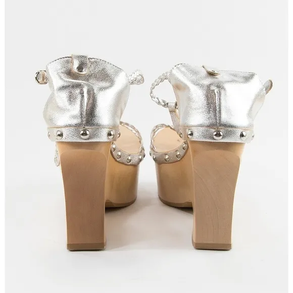 Fornarina Silver Italian Leather Wooden Wedges 39