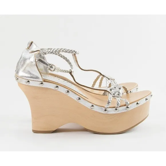 Fornarina Silver Italian Leather Wooden Wedges 39