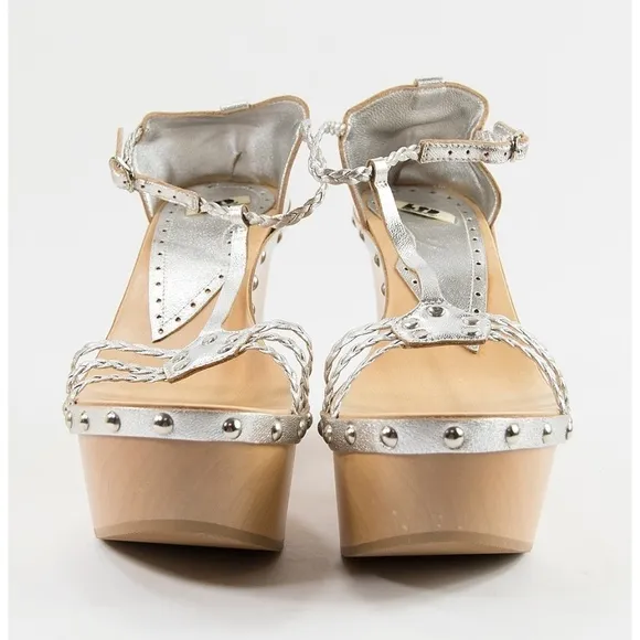 Fornarina Silver Italian Leather Wooden Wedges 39
