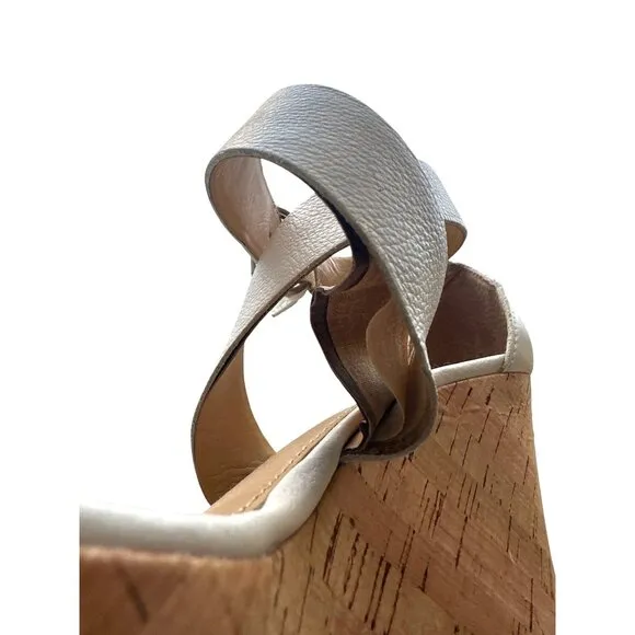Franco Sarto White Leather Strap Wedge Sandals Cork Heel Ankle Strap Size 10