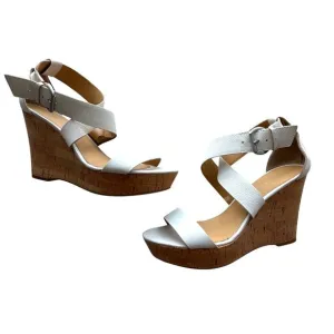 Franco Sarto White Leather Strap Wedge Sandals Cork Heel Ankle Strap Size 10
