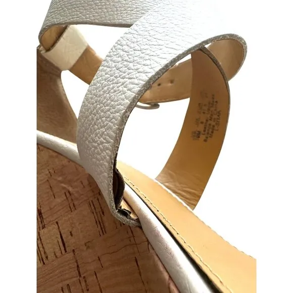 Franco Sarto White Leather Strap Wedge Sandals Cork Heel Ankle Strap Size 10