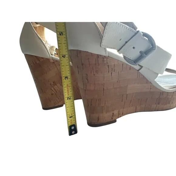 Franco Sarto White Leather Strap Wedge Sandals Cork Heel Ankle Strap Size 10
