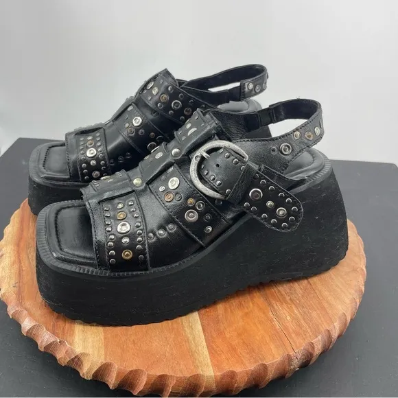 FREE PEOPLE ACE STUDDED WEDGES platform sandals IN BLACK SIZE 7