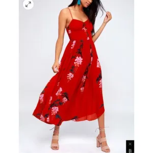 Free People Beau Red Floral Print Smocked Maxi Dress size small
