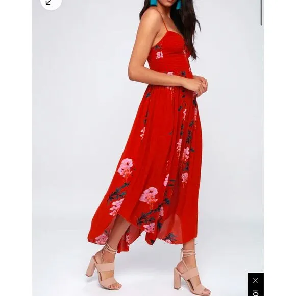 Free People Beau Red Floral Print Smocked Maxi Dress size small