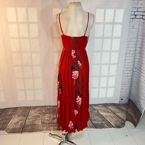 Free People Beau Red Floral Print Smocked Maxi Dress size small