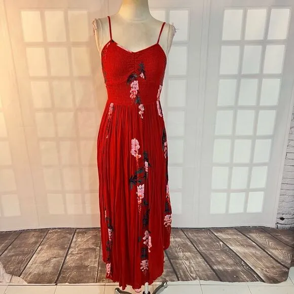 Free People Beau Red Floral Print Smocked Maxi Dress size small