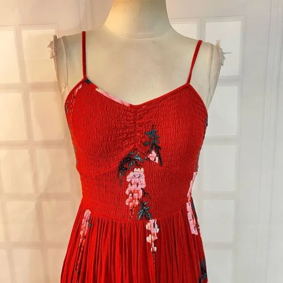 Free People Beau Red Floral Print Smocked Maxi Dress size small