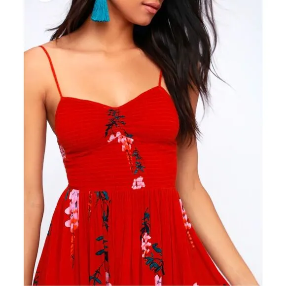Free People Beau Red Floral Print Smocked Maxi Dress size small