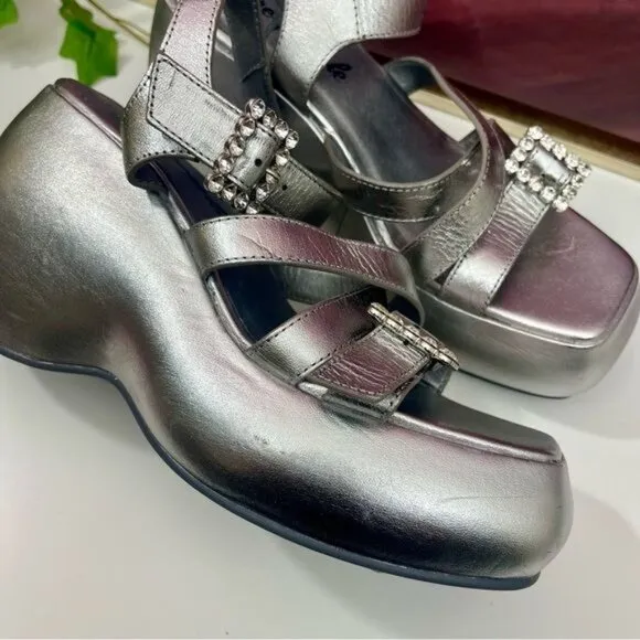 Free People Brooklyn Ankle Strap Plattorm Sandal in Chrome Metallic Size 7.5