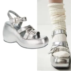Free People Brooklyn Ankle Strap Plattorm Sandal in Chrome Metallic Size 7.5